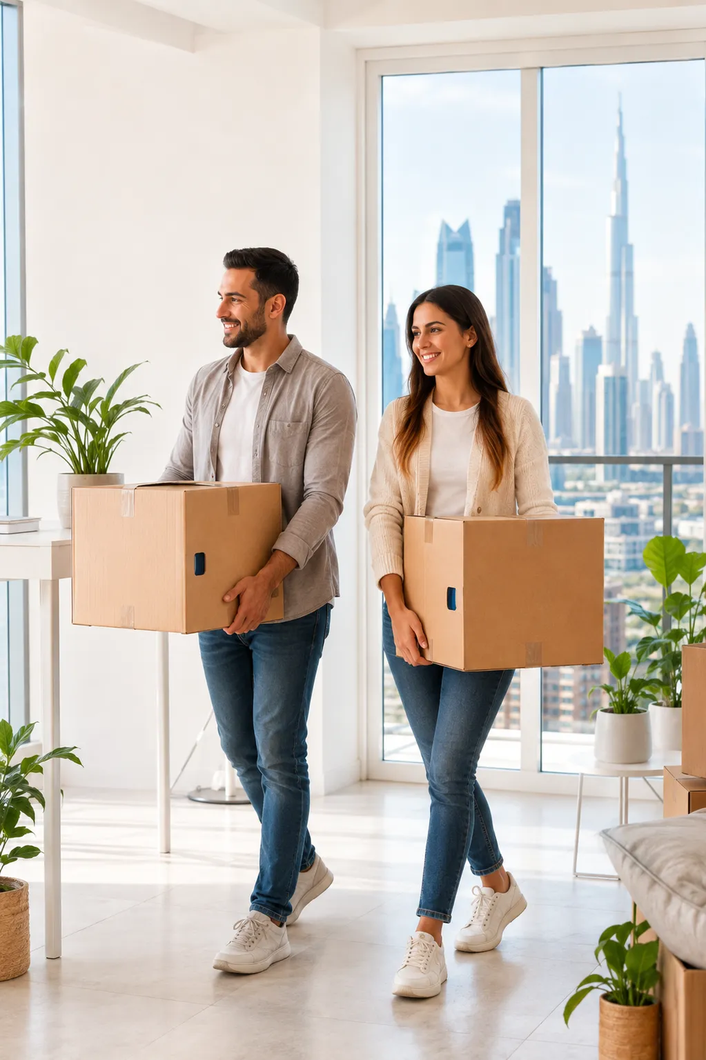 A couple carrying moving boxes into their new home