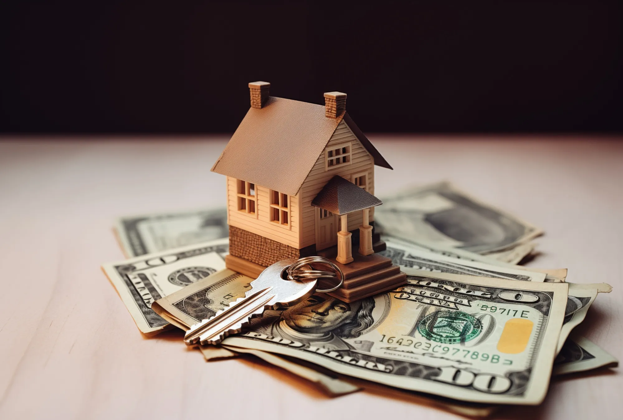 A model house resting on banknotes and house keys
